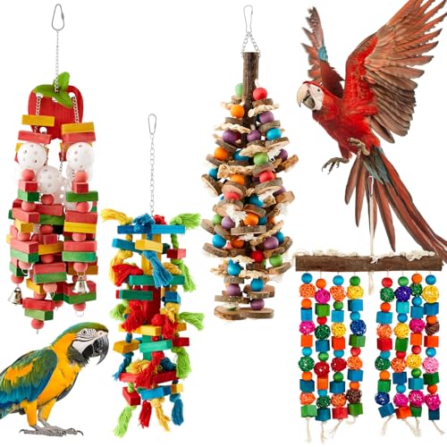 Image of Seenelling 4 Pcs Extra Large Bird Toys for Parrots, Block and Ball | Multicolored Natural Wooden Blocks & Beads Bells, Bird Cage Chewing Toys for Large Medium Macaws African Grey Cockatoos