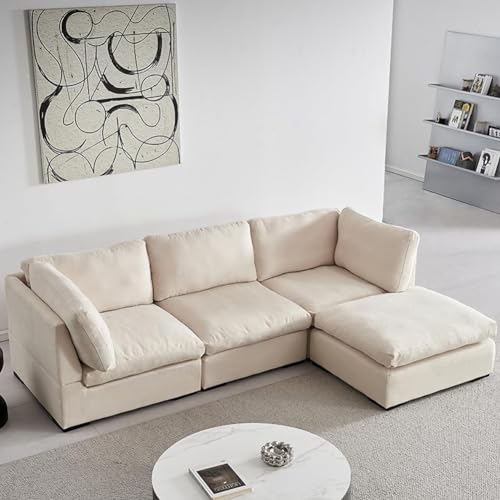 JURMALYN 99'' Modern Sectional Sofa Couch for Living Room L-Shape Sofa Couch, 3 Seater Cloud Sofa with Ottoman,Comfy Feather Sofa for Home Office, Fabric Beige