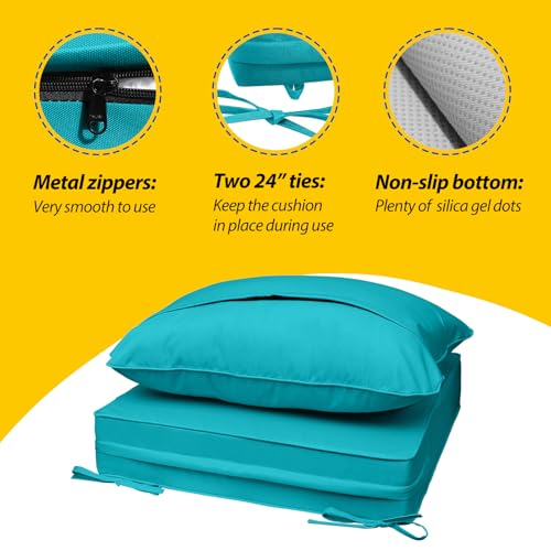 Image of AAAAAcessories Outdoor Seat Cushions for Chairs, Fade-Resistant, Waterproof Patio Furniture Replacement Cushions, 22 inch x 22 inch x 3 inch + 22 inch x 17 inch, Set of 2, Turquoise Blue