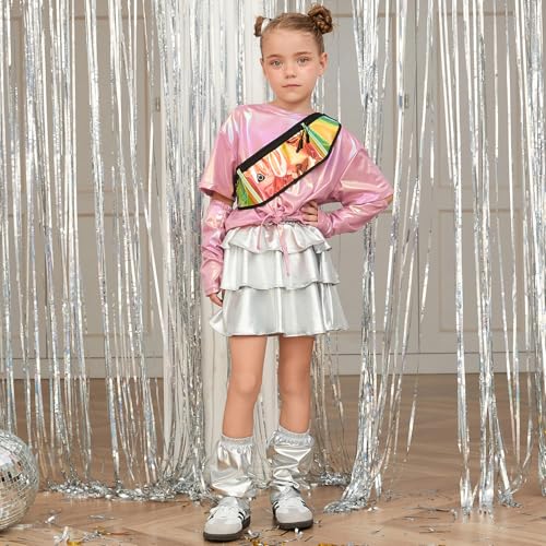 Image of Perfashion Girls Metallic Shirts Shiny Tie Front Knot Crop Top with Arm Sleeves for Dancing Raves Festivals 4-15 Years