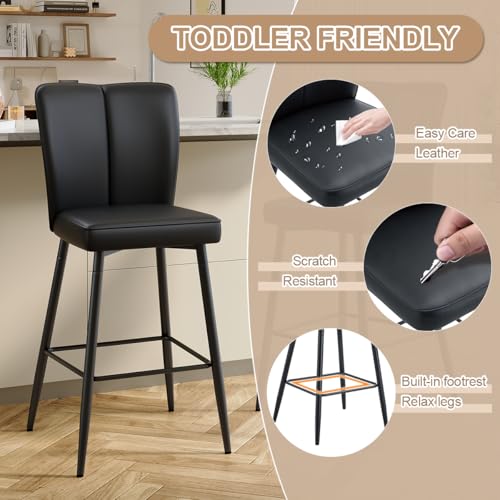 Image of Counter Height Bar Stools Set of 2,27''Kitchen Island Stools with Back,Black Barstools with Sturdy Metal Legs,Modern Bar Stools Ideal for Kitchen Island Pub Cafe(Faux Leather-Black)