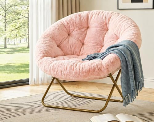 Image of Simple Deluxe Comfy Chairs for Bedroom, Faux Fur Saucer Chair for Adults, Oversized Comfy Soft Saucer Chair, Padded Lazy Chair for Living Room Dorm Rooms, Pink
