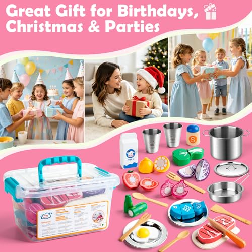 Sundaymot Play Kitchen Accessories Toys with Wooden Play Food & Stainless Steel Pots – Kids Kitchen Playset with Cutting Play Food, Apron & Storage Box for Toddlers Ages 3-5, Pretend Kitchen Gift - Image 7