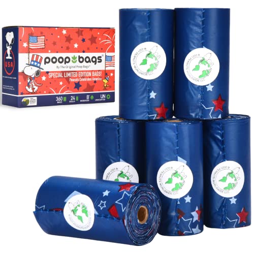 The Original Poop Bags® USDA Certified 38% Plant-Based Dog Poop Bags, Peanuts Snoopy Americana Design, Leak-Proof & Strong, Unscented, 24 Rolls (360 Bags)