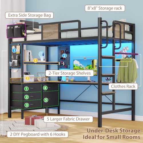 Image of Dnxao Twin Loft Bed with Desk and 5 Storage Drawers,Loft Bed Twin Size with LED Lights and Charging Station, Metal Bunk Bed Frame with Ladder, Clothes Rail,Noise Free,Oak Gray