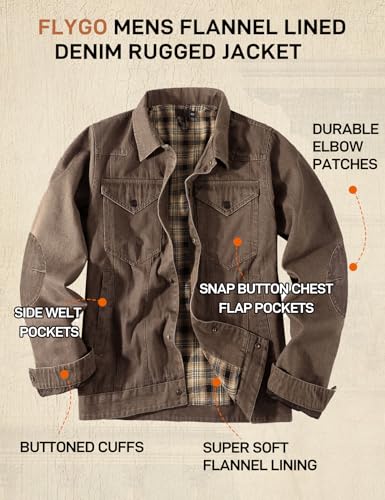 Flygo Mens Flannel Lined Denim Jacket Snap Cowboy Cut Western Classic Slim Fit Vintage Heavy Duty Jacket Trucker Coat