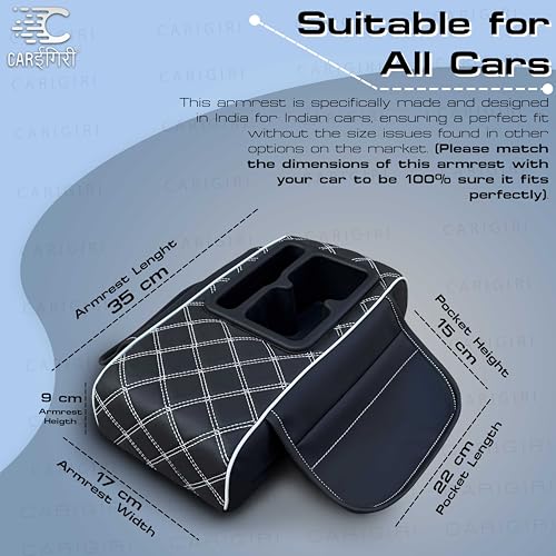 Image of Carigiri Nappa Leatherette,Foam ComfiRest Pro Car Armrest Cushion with Cup Holder| Arm Cushion| Universal for All Cars|Armrest with Mobile Holder (White,Utility Pockets,Dual Cup Holder,Mobile Holder)