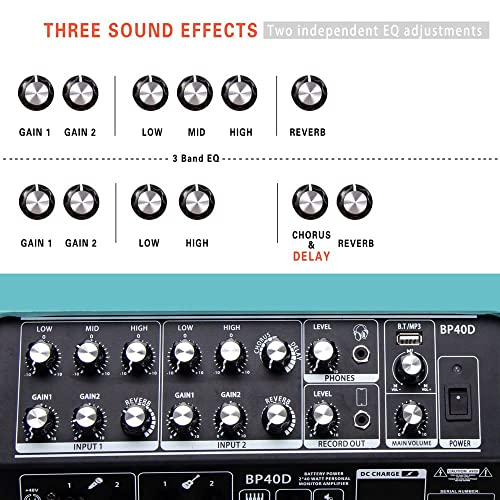 Image of Coolmusic BP40D Powered Acoustic Guitar Amplifier- Portable Bluetooth Speaker 80W W /Battery with Reverb Chorus Delay Effect, 6 Inputs,3 Band EQ, Blue