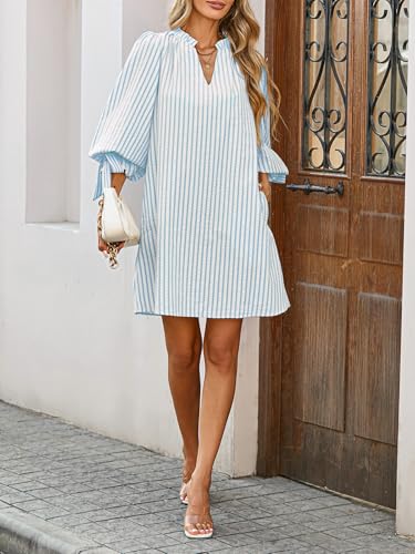 Image of EZAPINE Striped Dress for Women V Neck 3 /4 Bow Puff Sleeve Summer A Line Flowy Shirt Dress with Pockets