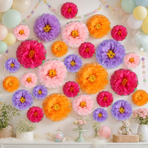 Image of Cholemy 24 Pcs Tissue Paper Flowers, Crepe Paper Flowers Decorations 8 inch 10 inch 12 inch for Wedding Party Baby Bridal Shower Carnival Party Birthday Nursery Wall Decor (Pink,Purple,Orange,Rose Red)