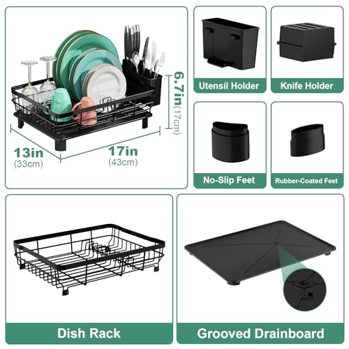 MOUKABAL Dish Drying Rack, Dish Rack, Stainless Steel Dish Racks for Kitchen Counter, Dish Drainer with Removable Utensil Holder, Drainboard