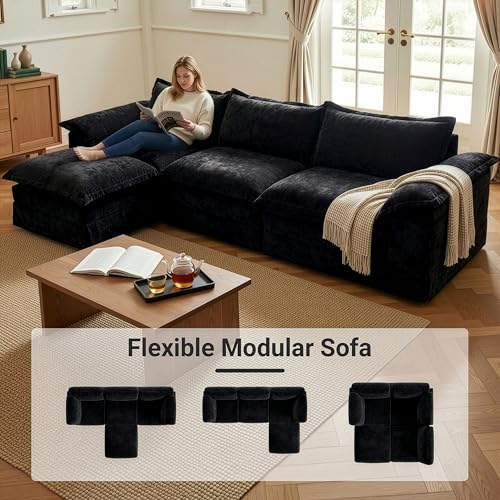 Image of Claiks 123 inch Modular Boneless Couch, L Shaped Couch for Living Room, Modern Deep Seat Sofa 3 Seater Chenille Fabric Comfy Cloud Couches with Movable Ottoman, Black