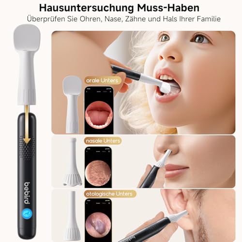 BEBIRD R1 Ultra Ohrenschmalz Entferner Kamera, Ohrenreiniger mit Otoskop für Zuhause, Komplett-Set mit Sichtbarer Dropper & Pinzette, Für Ohr & Nase & Rachen Untersuchung der Familie-Schwarze