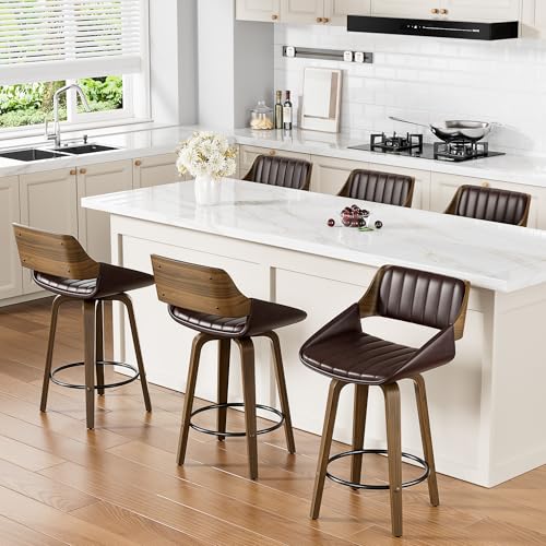 Image of YaFiti Bar Stools Set of 6, 26 inch Swivel Counter Height Barstools with Bentwood Back and Legs, Mid Century Modern Upholstered Faux Leather Counter Stools for Kitchen Island, Bar, Dining Room, Brown
