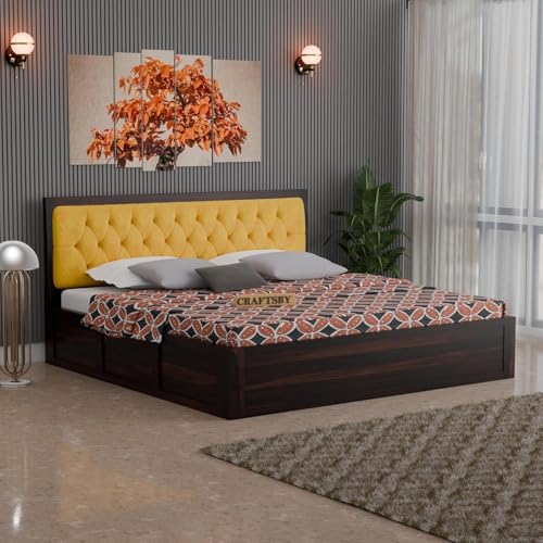 Image of Solid Sheesham Wood King Size Bed with Box Storage | Yellow Upholstered Cushion Headboard | Wooden Double Bed for Bedroom | Cot /Palang /Mancham | Walnut Finish