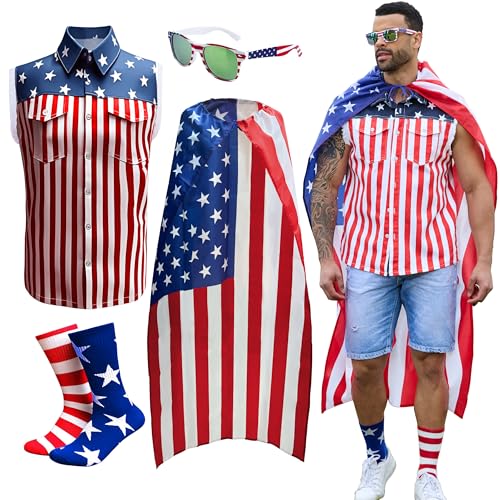 Yuanbang American Mens Vest,Flag Cape,USA Sunglasses,Patriotic Socks,4 Pcs for 4th of July Labor Day(flag,X-Large)