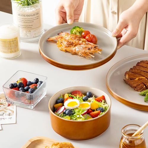 Image of vancasso ONION Ceramic Plates and Bowls Sets, 18 Pieces Grey Dinnerware Sets for Kitchen, Reactive Glaze Dishes Set for 6, Dishwasher and Microwave Safe
