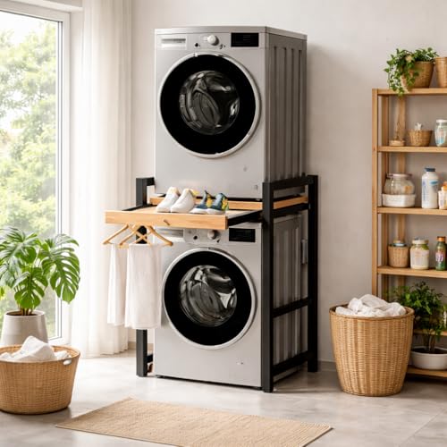Mueble para lavadora y secadora, Armario para lavadora, Estantería Superior para Lavadora, Estante Organizador de Baño Ahorra Espacio,Madera E1 y Acero, 350 kg de Carga, 73 x 63 x 105cm (Negro)
