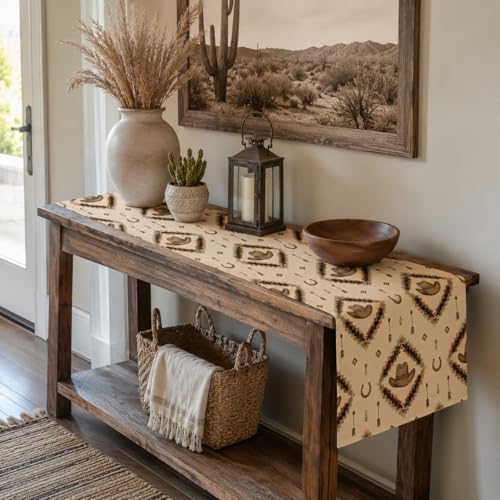 Image of Western Cowboy Table Runner, Aztec Geometric Horseshoe Hat Pattern Linen, Rustic Beige Dining Decor for Farmhouse Kitchen 13x72 Inch