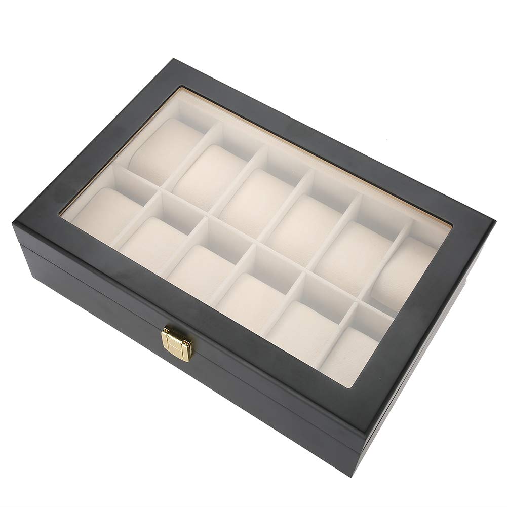 Portaorologio con 12 griglie Vetrina per orologio da polso trasparente in legno, scatola per orologi con fodera in flanella, chiusura in metallo resistente, organizer per 12
