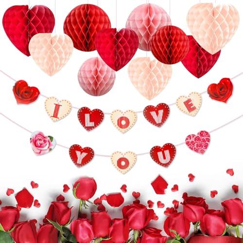 Decoración San Valentín，Paquete de Decoración para Fiesta – Pompones Rojos Grandes, Farolillos de Feria, Decoración Feria de Abril – Perfecto para decoración de Carnaval, Feria de Abril, Circo, y más