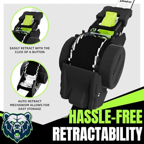 Image of Retractable Ratchet Straps, 4-Pack, 1 Inch x 12 Feet Heavy Duty Tie Downs, 1760lb Break Strength, Self Retracting for Truck, Cargo, Trailer, Motorcycle, ATV, UTV (Black-Green, 8pack)
