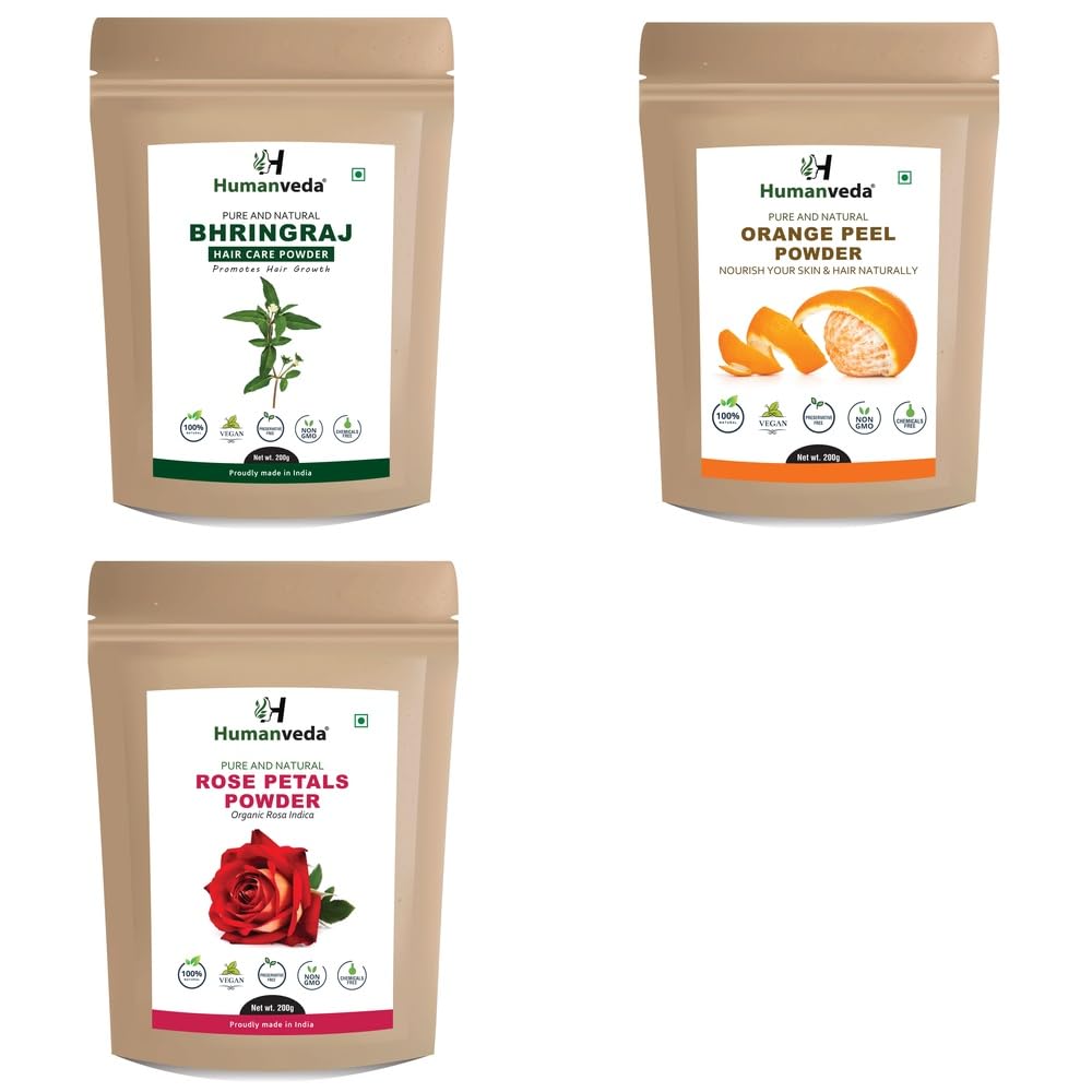 Pure Bhringraj Powder, Orange Peel Powder and Rose Petal Powder Combo Pack for Comprehensive Hair Care and Radiant Glowing Skin Rejuvenation 100% Natural Organic Herbal Fine Powder Face Mask and Sc-picture-38