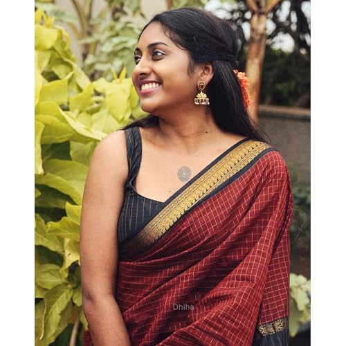 Image of Gadwal Cotton Silk Checked Saree for Women | Pure Kalyani Cotton Checked Saree with Zari Border Tassels & Blouse | Kanjivaram Linen Silk | Handloom Weave