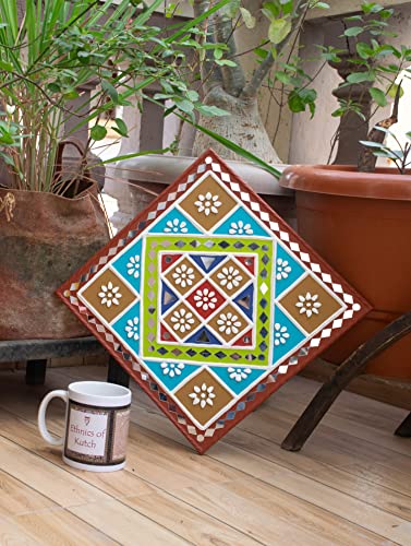 Image of Ethnics of Kutch Traditional Kutch Handicraft Mud-Mirrorwork Lippan Kam Wall Art (Water and Break Resistant) - Square (12 inch x 12 inch) - (Brown - LKT-0218)