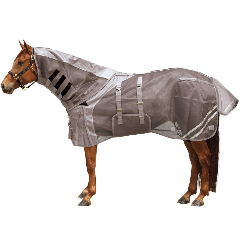 Schneiders Mosquito Mesh II Adjusta-Fit Horse Fly Sheets | Insect & UV Protection for Horses | Durable 350D Mesh | Reflective Safety Stripes | Attached Neck V-Free Bellyband | Color Gray | Size 82