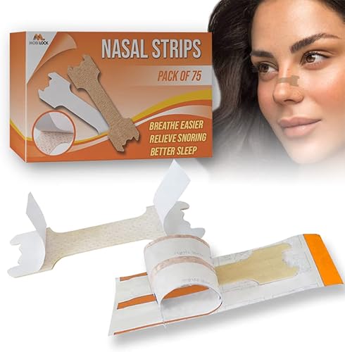 Mobi Lock - Tira nasal antidesgarros, paquete de 75 soluciones de ronquidos de tamaño pequeño para mujeres y hombres, reduce los ronquidos de nariz,