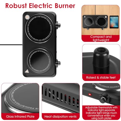 Image of 1800W Electric Double Cooktop Countertop Counter Stove Infrared Dual Burner | Portable Dual Hot Plates Glass Stepless Temperature for Camp Kitchen RV (Black)