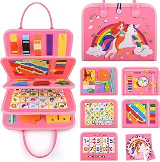 Devolamn Busy Board for Toddlers, 7 in 1 Montessori Toys for 1 2 3 4 Year old Busy Book Toddler Travel Toys, Activities Board Autism Sensory Toys, Educational Toys (Pink Unicorn)