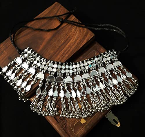 Indian Fashion Antique Afghani German Silver Oxidized Ghungroo Boho Gypsy Tribal Statement Tassel Chain Choker Thread Necklace Jewelry Set2