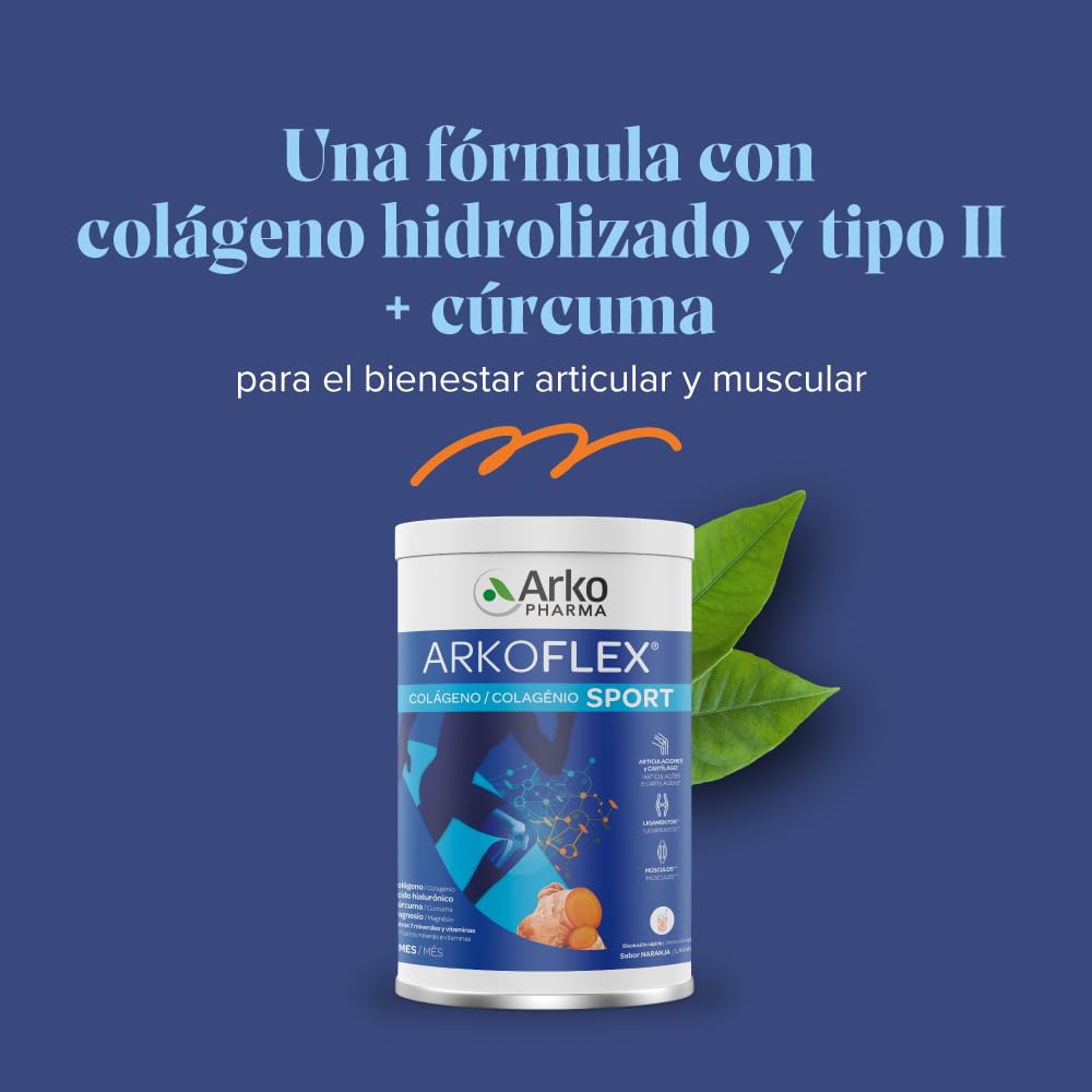Arkopharma - Arkoflex Colágeno Sport, Pack 2 x 390 g, con Colágeno Hidrolizado y Tipo II, Ácido Hialurónico, Magnesio y Cúrcuma, Apoyo para Articulaciones, Cartílago y Músculos, Sabor Naranja, Polvo