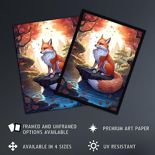Artery8 Kitsune Fox Spirit Painting Orange Green Blue Digital Art Conceptual Depiction Mythical Creature in Autumn Forest Landscape with Temple Unframed Wall Art Print Poster Home Decor Premium - Image 2