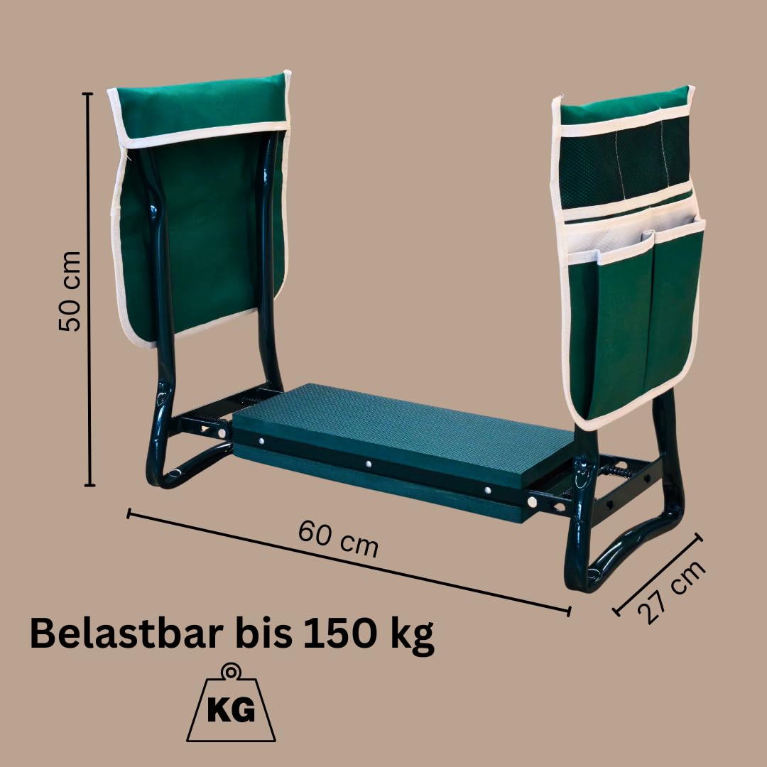 2-in-1 Garten Kniebank für Gartenarbeit, Gartenhocker klappbar mit Eva-Sitzpolster, 2 Werkzeugtaschen, bis 150 kg, weiche Kniebank, Kniekissen für Haushalt, Camping