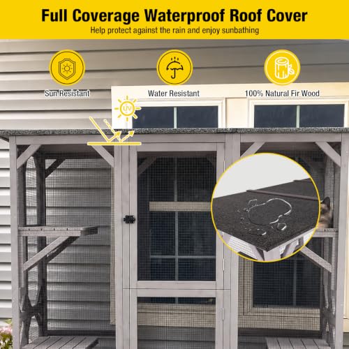 Image of Aivituvin Cat House Window Outdoor Catio Cat Enclosures with 5 Platforms, 2 Resting Boxes Large Walk in Kitty House with Weatherproof Tarp Roof, 71.1 inch L x 34.6 inch W x 70.8 inch H Grey