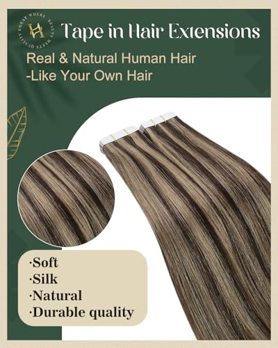 Ugeat Hair Extensions Human Hair Tape in 12 Inch Glue in Human Hair Extensions 50 Grams Tape in Remy Hair Highlight #4/27 Dark Brown w/ Caramel Blonde Tape Hair Extensions 20 Pieces - Image 2