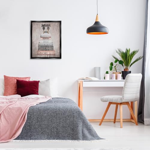 Image of 'Book Stack Heels Metallic Pink'| Floating Frame Canvas Art | Stupell Industries | Black, 25 x 31 Inches, Easy to Hang and Sturdy, Made in USA, by Amanda Greenwood