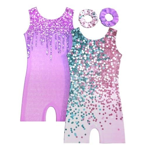 MOLLDAN Gymnastics Leotard for Girls Dance Biketard Unitards 2 Pack Tumbling Outfits for Kids 2pcs Red Print & Diamond 4Y(3-4T)