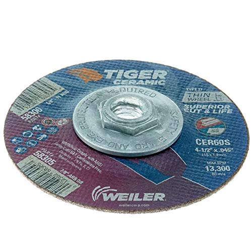 Image of Weiler 58306 4-1 /2 Inch Cutting Wheel, Tiger Ceramic Stainless Steel Superior Life & Cut Contaminant Free Max Performance Cutting, .045 inch CER60S Type 27 5 /8 inch-11 Hub, Pack of 10