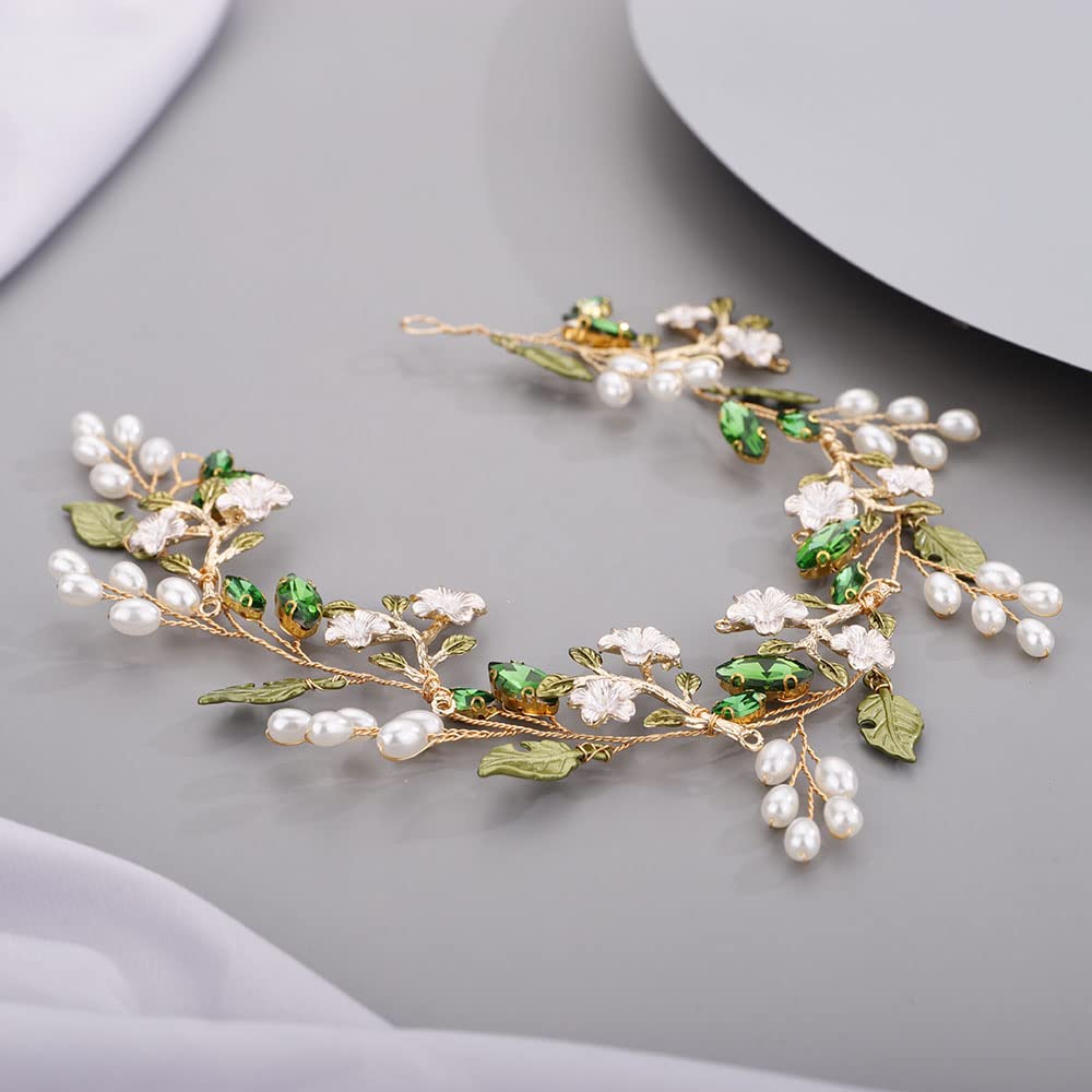 Chargances Bride Green Rhinestone Leaf Headband Wedding Flower Pearl Hair Vine Crystal Bridal Prom Hair Accessories for Women and Girls image 3