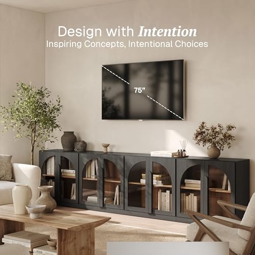 Image of BELLEZE 4-Piece Modular TV Stand Set,Modern Entertainment Center with Arched Glass Door,Sideboards with Adjustable Shelves & Wide Wooden Handle,Classic Media Console Cabinet for Living Room(Ebony)