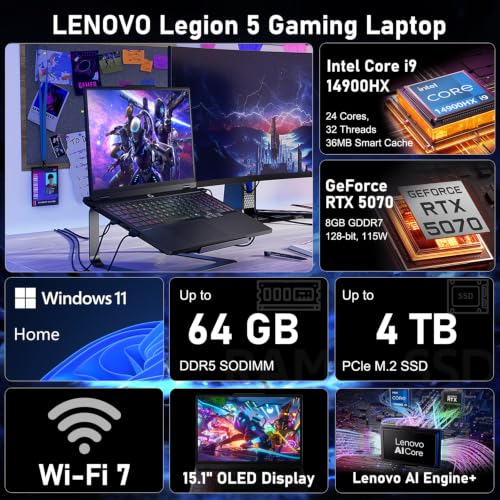 Image of Lenovo Legion 5 5070 Gaming OLED Laptop, Intel Core i9-14900HX, RTX 5070, 15.1 inch QHD+ OLED 165Hz Top 1000nits, 32GB DDR5, 1TB SSD, 24-Zone RGB Backlit, Wi-Fi 7, w /Bundle