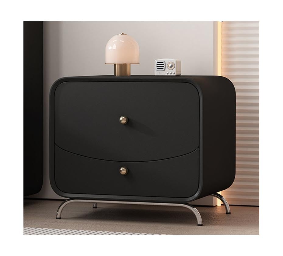 Table de nuit moderne noire avec tiroirs de rangement et poignées en bois massif