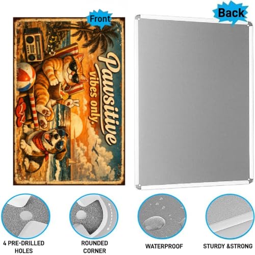 Pawsitive Vibes Only Vintage Tin Sign Funny Cat Dog Beach Wall Decor Retro Metal Plaque Summer Coastal Artwork Gift for Pet Lovers Home Bar Patio 8x12 Inch Pre Drilled Holes - Image 5