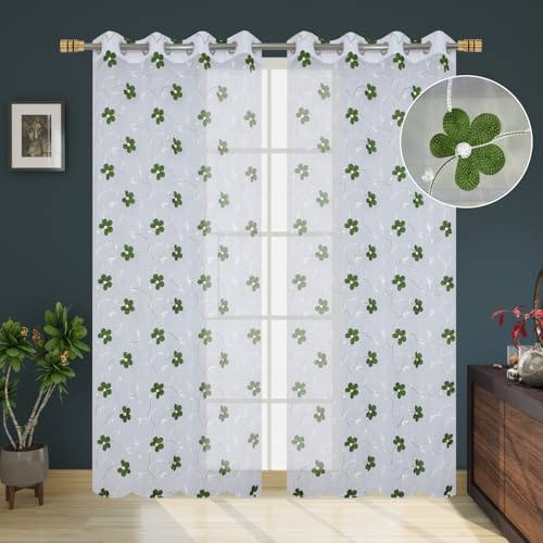 Image of Embroidered Floral Sheer Net Curtain for Window - 5x4 Feet - Transparent Green Net Curtain - Pack of 1 - Elegant Lightweight Decor for Living Room & Bedroom