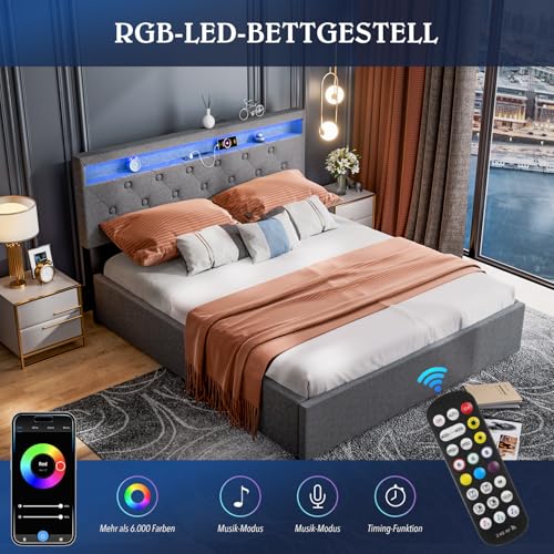 Polsterbett, 140 X 200 cm, Beleuchtung, 2,4-Ghz-Fernbedienung (Inkl. Akku) Bettgestell Bed Frame Bett Gestell Schlafzimmer Set Jugendbetten Bettrahmen – Bild 6