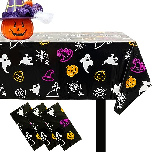 Ymsone 3 Pack Halloween Spider Web Tablecloths Plastic 54 x 108 Inch Disposable Rectangle Table Cover for Halloween Party Decorations Indoor Black Pumpkin Ghost Witch Table Cloth